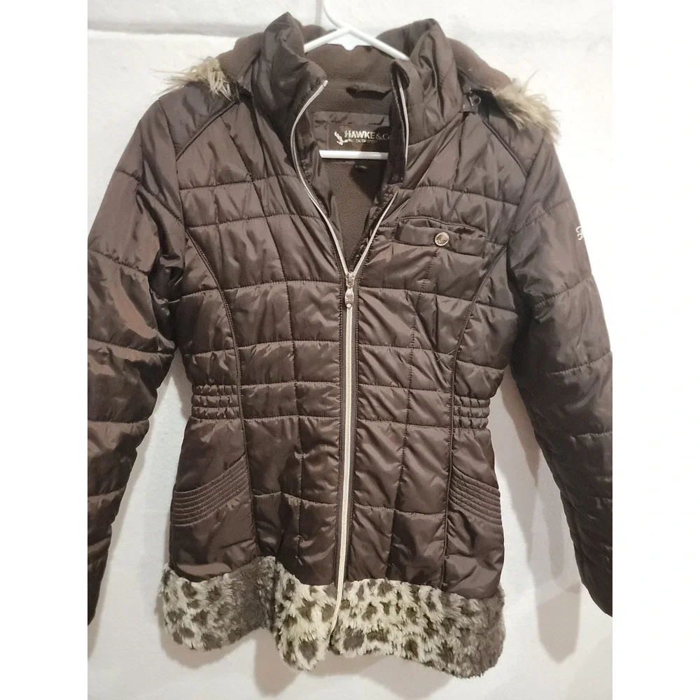 HAWKE & Co Girls Size 16 Brown Quilted Puffer Jacket Leopard Print Faux Fur Hood